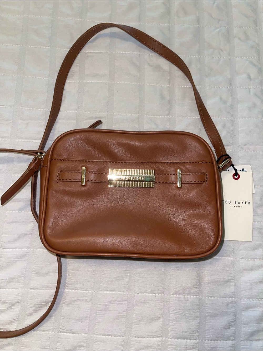 Ted Baker London Brown Leather Crossbody with Gold Plaque